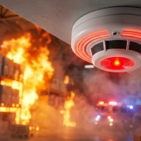 a-smoke-detector-alarming-with-red-lights-during-a-major-fire-in-a-logistics-storage-facility a-smoke-detector-alarming-with-red-lights-during-a-major-fire-in-a-logistics-storage-facility