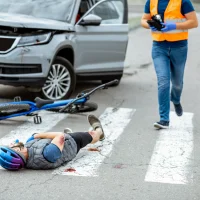 road-accident-with-injured-cyclist-lying-on-the-pedestrian-crossing-near-the-broken-bicycle-and-car-driver-running-on-the-background