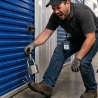 workplace-accident-in-selfstorage-facility-with-injured-male-employee-screaming-in-pain-after-dropping-heavy-padlock-on-his-foot